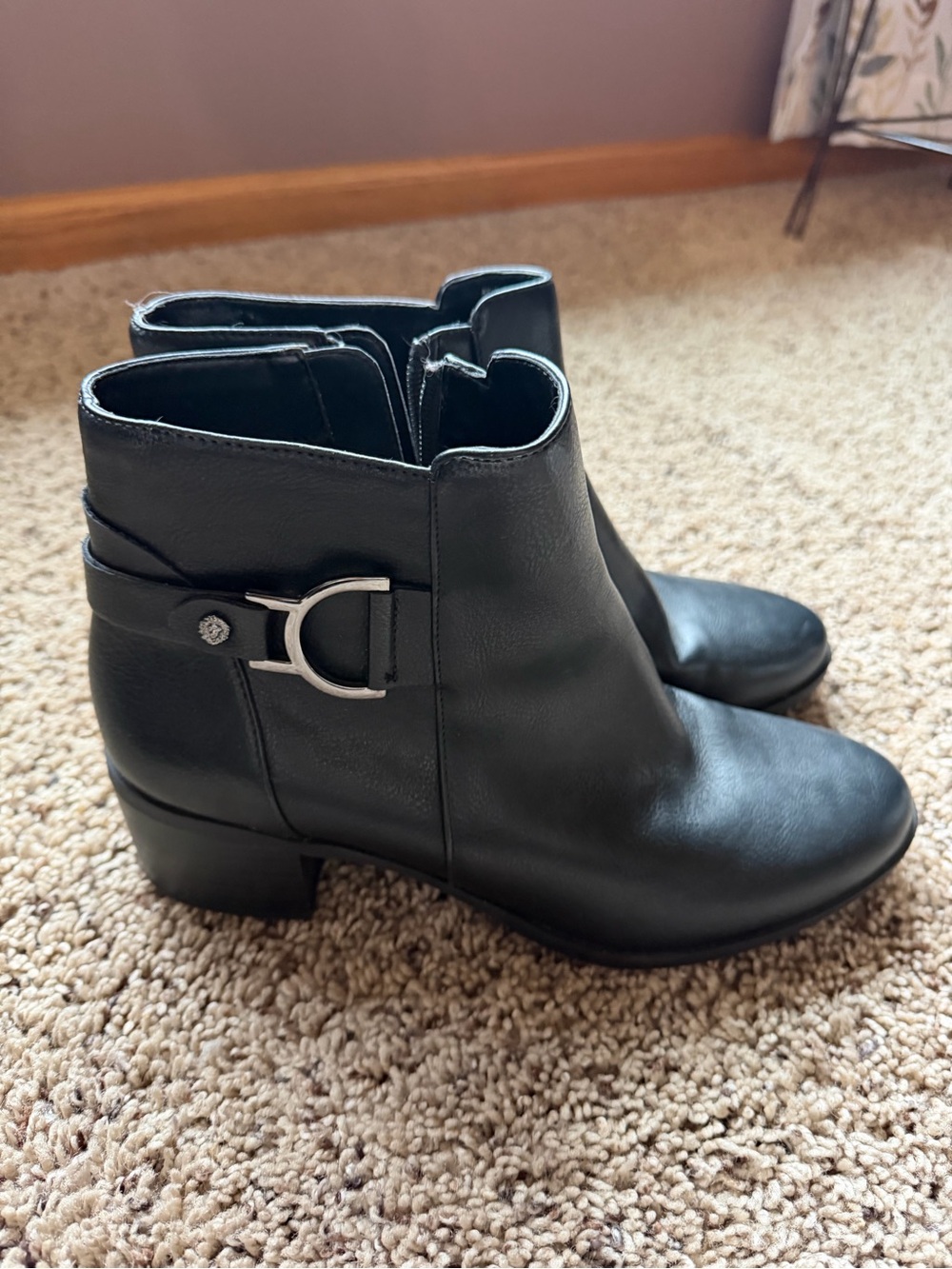 Anne Klein Black Leather Ankle Booties with Silver Buckle
